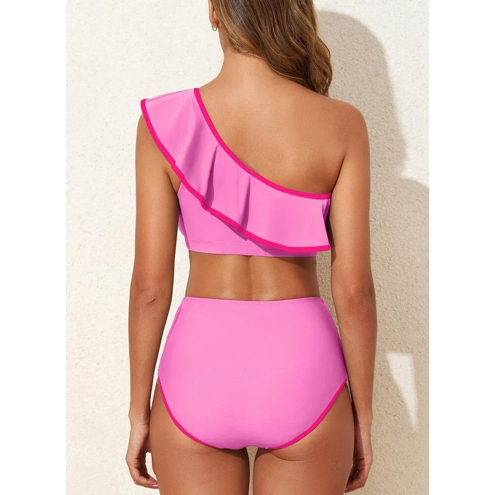 Herseas Women's Pink One Shoulder Bikini Set Colorblock Trim Ruffle XL